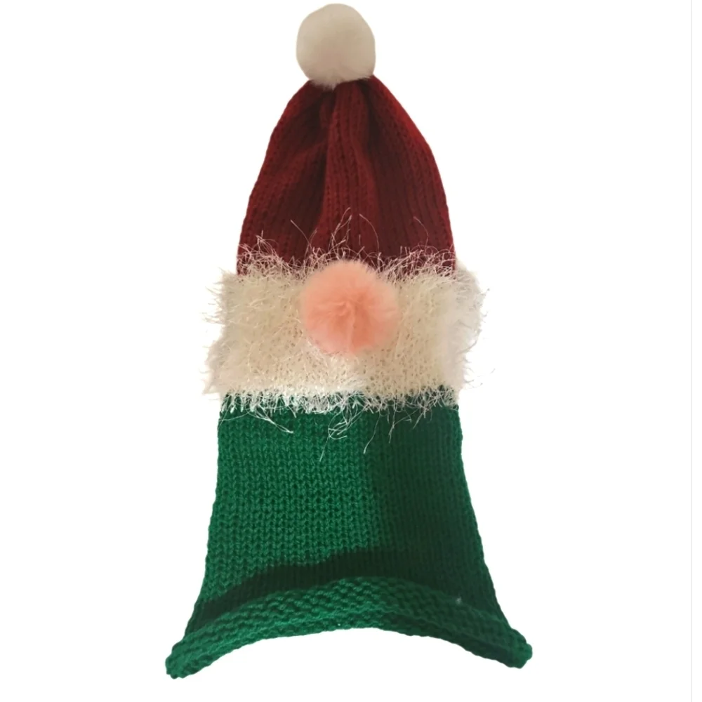 Hand Crafted Kids Festive Red Green Knit  Gnome Hat Faux Fur Beanie Hat Crochet